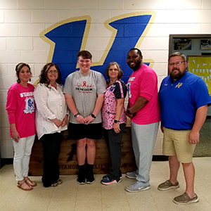 From left to right: Vice Principal Vicki Crossno; Tonya Rickett, medical teacher; Cayden Brewer, survivor; Gina Ledsinger, school nurse; Principal Porsche McClerking; and Sport Director Clint Ezell